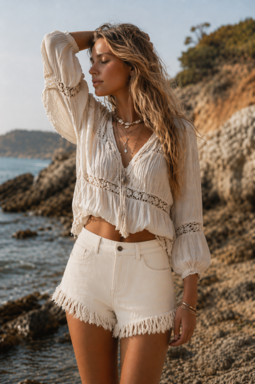 Stylish Denim Shorts Beige