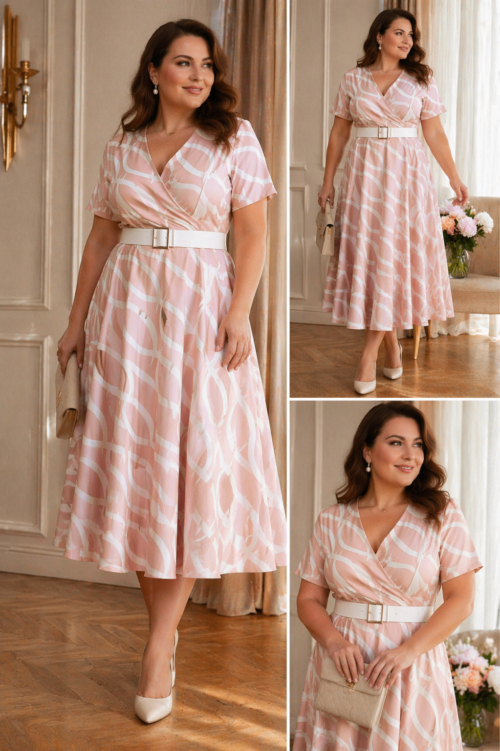 Elegant Patterned Dress With Belt