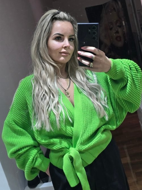 Tie-Waist Cardigan with Puff Sleeves green