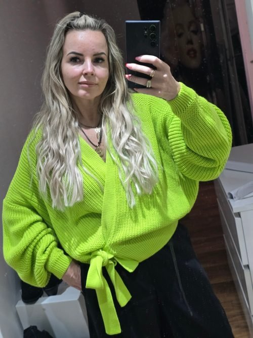 Tie-Waist Cardigan with Puff Sleeves lime