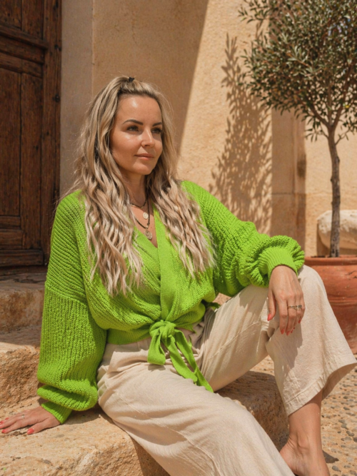 Tie-Waist Cardigan with Puff Sleeves lime