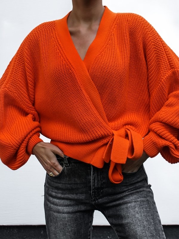 Tie-Waist Cardigan with Puff Sleeves orange - Image 9