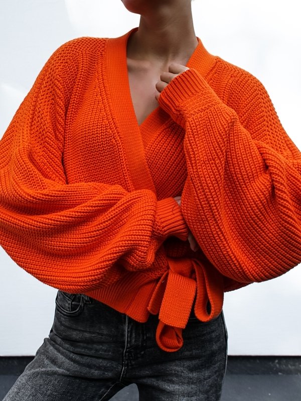 Tie-Waist Cardigan with Puff Sleeves orange - Image 10
