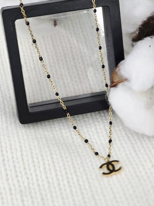 Classic Black Beaded & Gold-Tone Logo Necklace