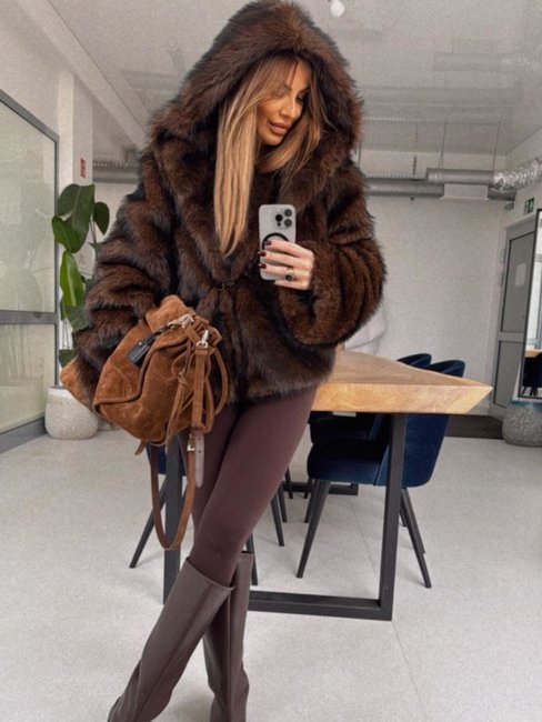 Eco Fox Fur Coat with Hood – Brown