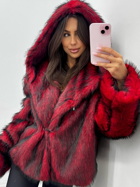 Eco Fox Fur Coat with Hood – Red
