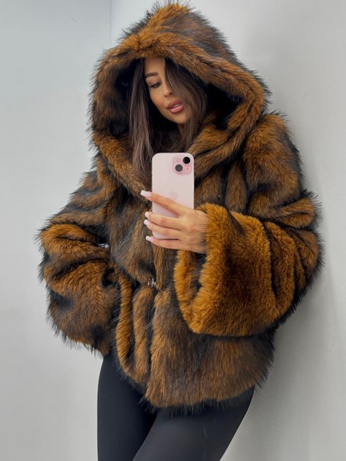 Eco Fox Fur Coat with Hood – Rust