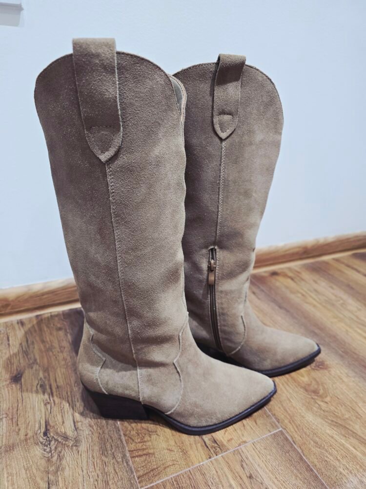 Suede Leather Cowboy Beige Boots - Image 3