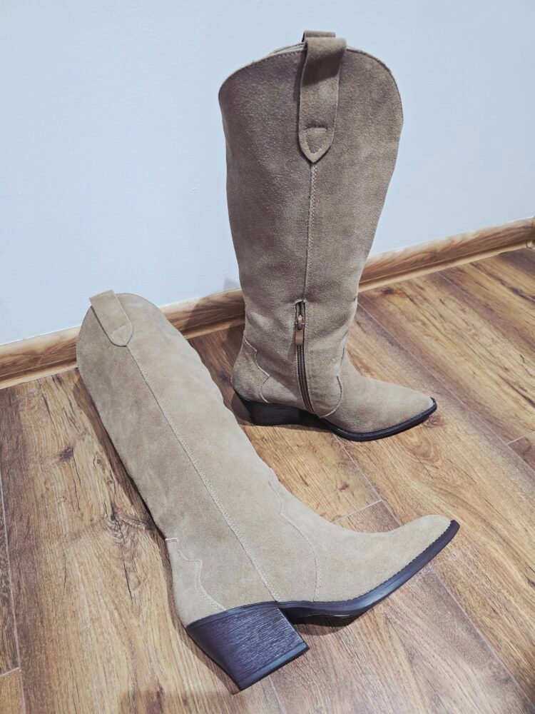 Suede Leather Cowboy Beige Boots - Image 2