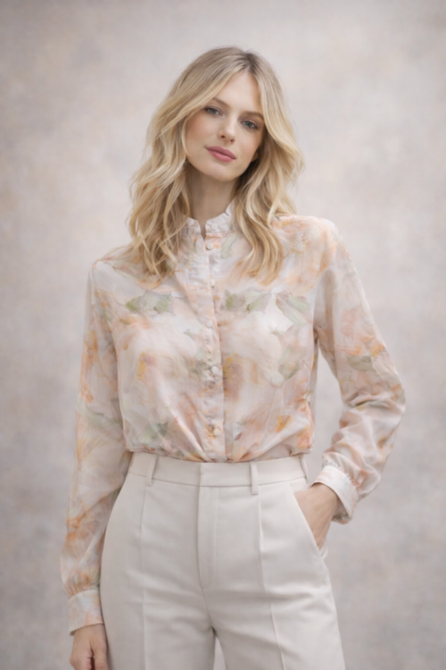 Sheer Floral Blouse With Stand Collar Orange