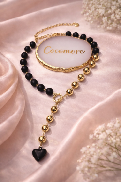 Necklace with Black Beads and Heart