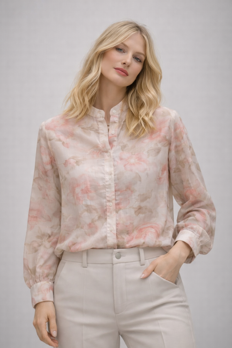 Sheer Flora Blouse With Stand Collar