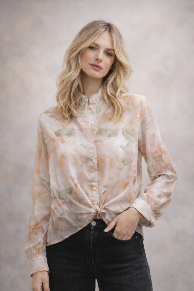 Sheer Floral Blouse With Stand Collar Orange - Image 3