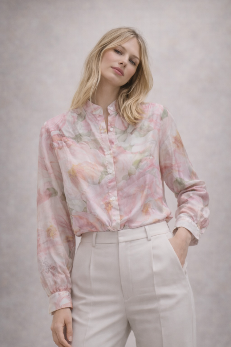 Sheer Floral Blouse With Stand Collar Pink