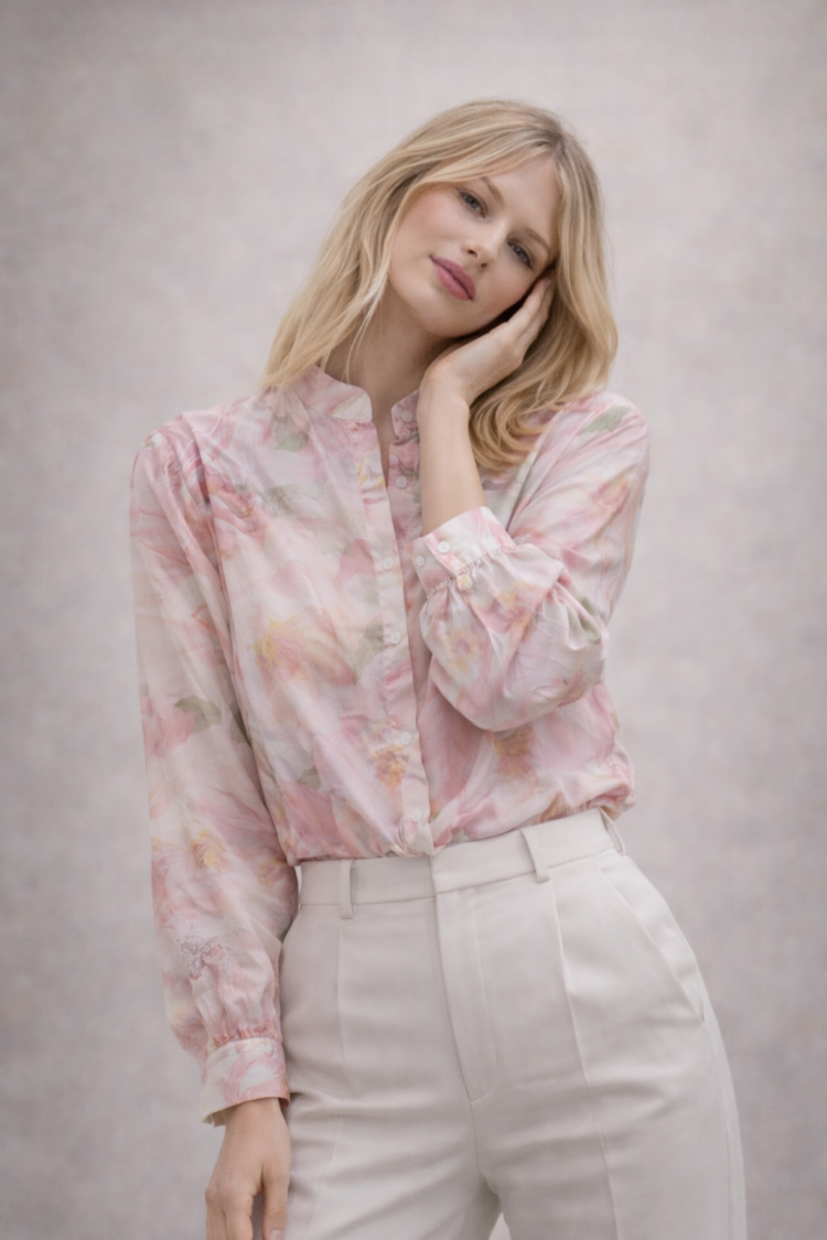 Sheer Floral Blouse With Stand Collar Pink - Image 2