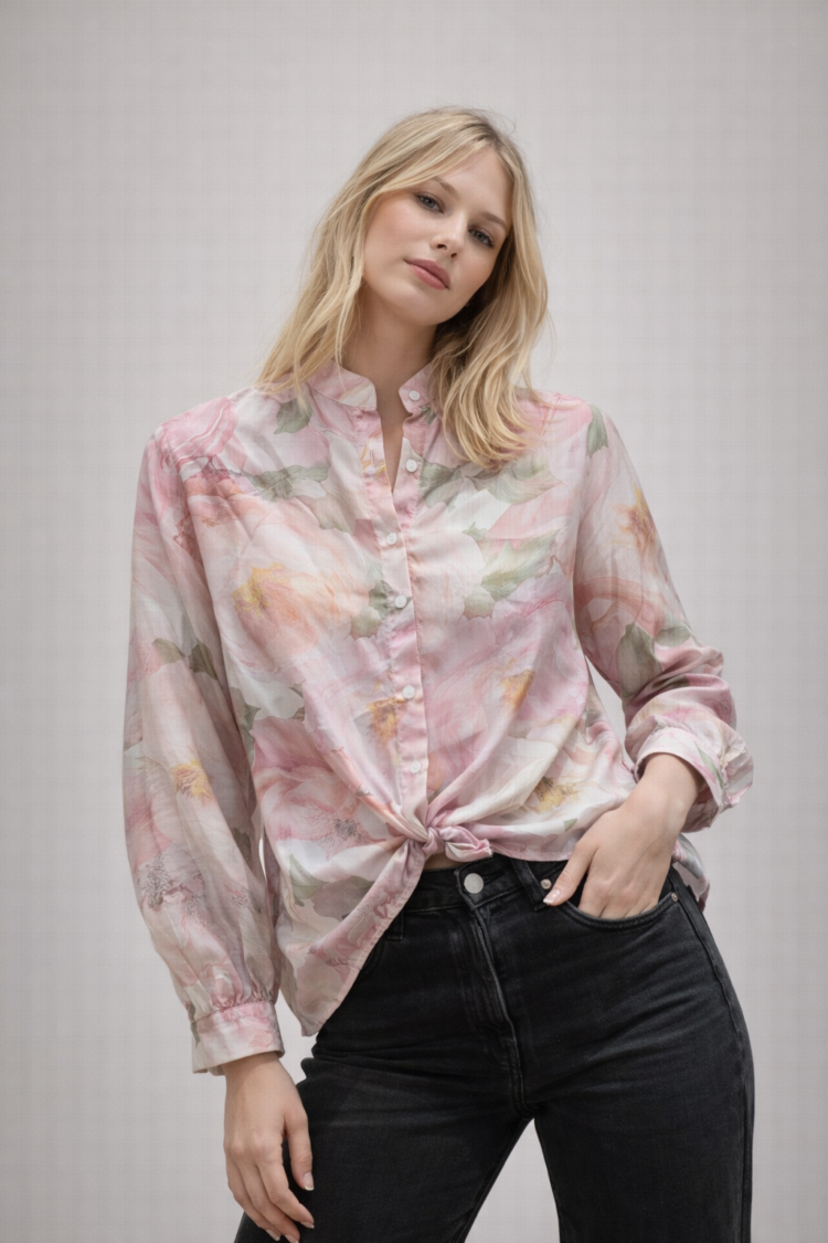 Sheer Floral Blouse With Stand Collar Pink - Image 3
