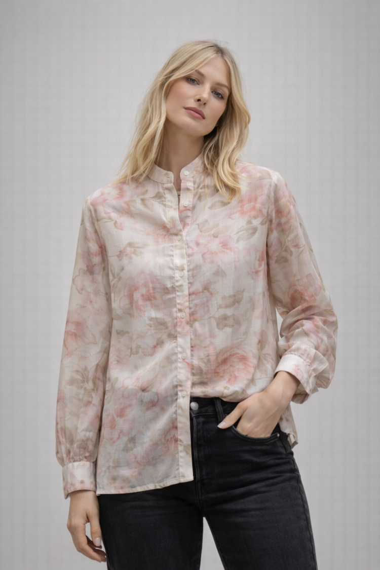 Sheer Flora Blouse With Stand Collar - Image 3