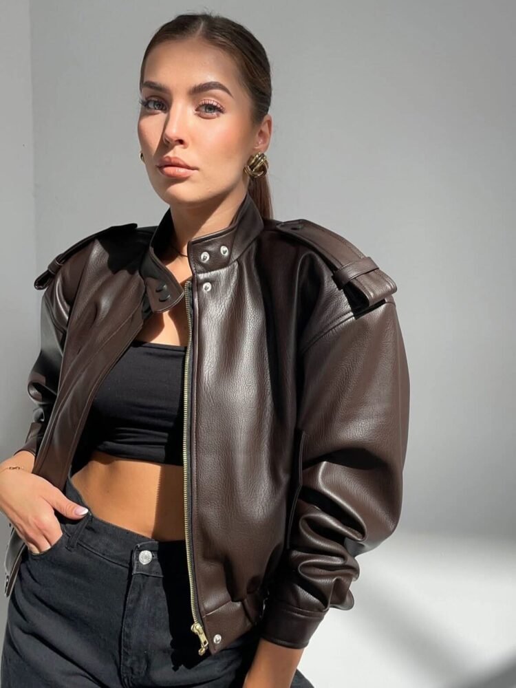 Emo Faux Leather Jacket Dark Chocolate - Image 3