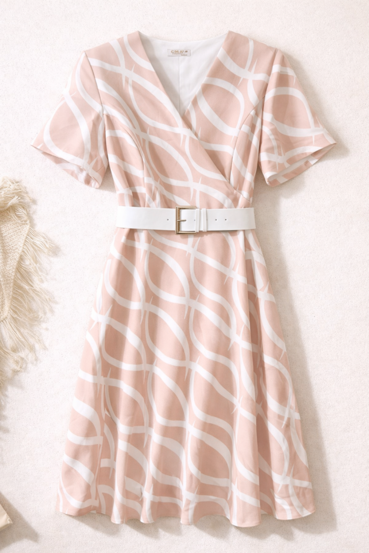 Elegant Patterned Dress With Belt