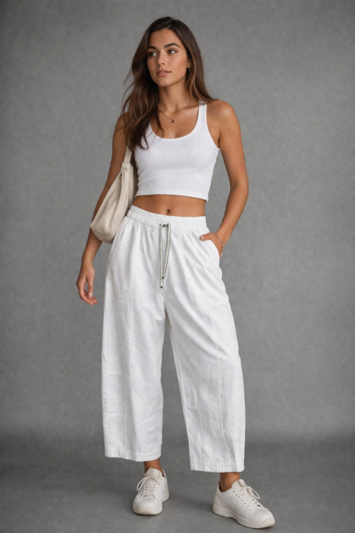 White Cotton Barrel Pants