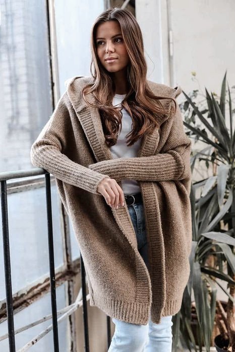 Long Rio Cardigan With Hood Brown