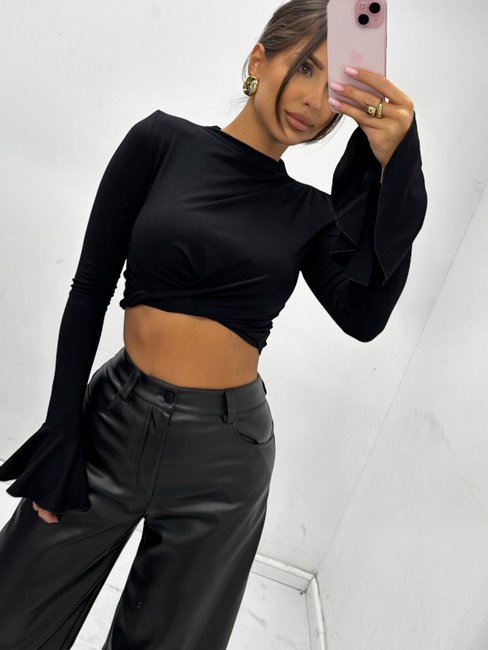 Cropped Blouse with bell sleeve Black - Image 3