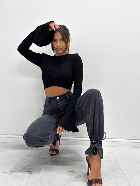 Cropped Blouse with bell sleeve Black - Image 4