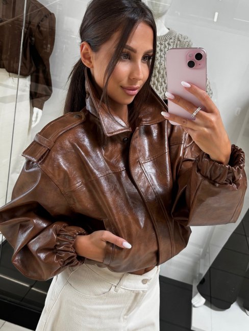 Vintage Gloss Faux Leather Jacket- Whiskey - Image 3