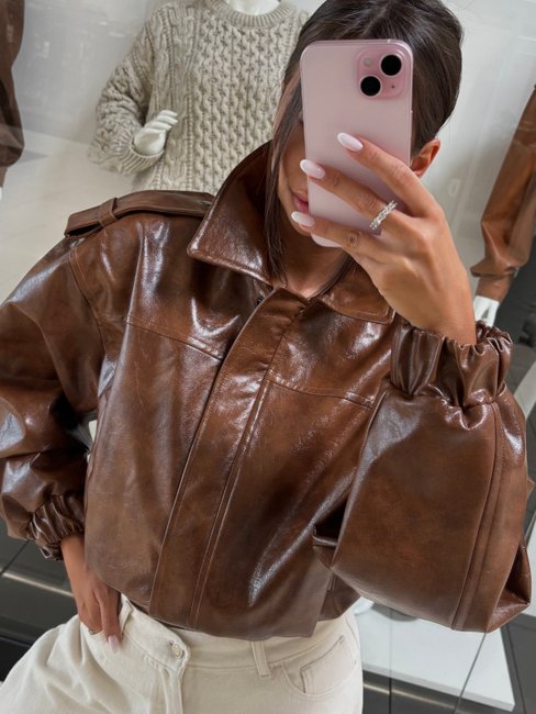 Vintage Gloss Faux Leather Jacket- Whiskey - Image 4
