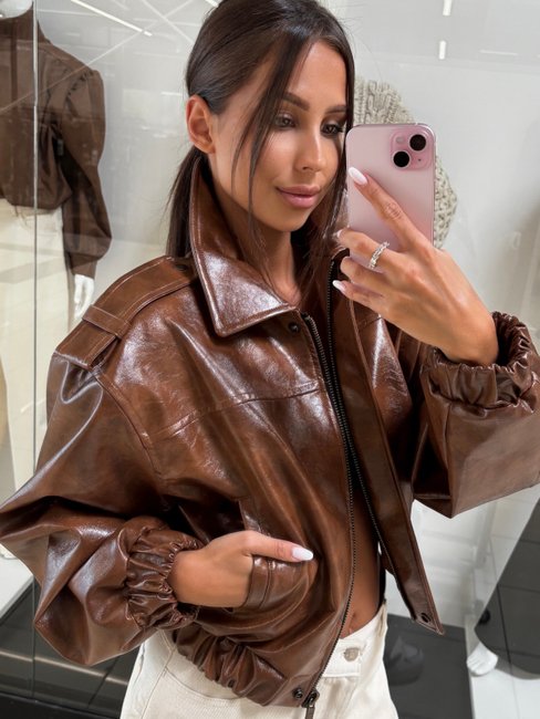 Vintage Gloss Faux Leather Jacket- Whiskey - Image 5