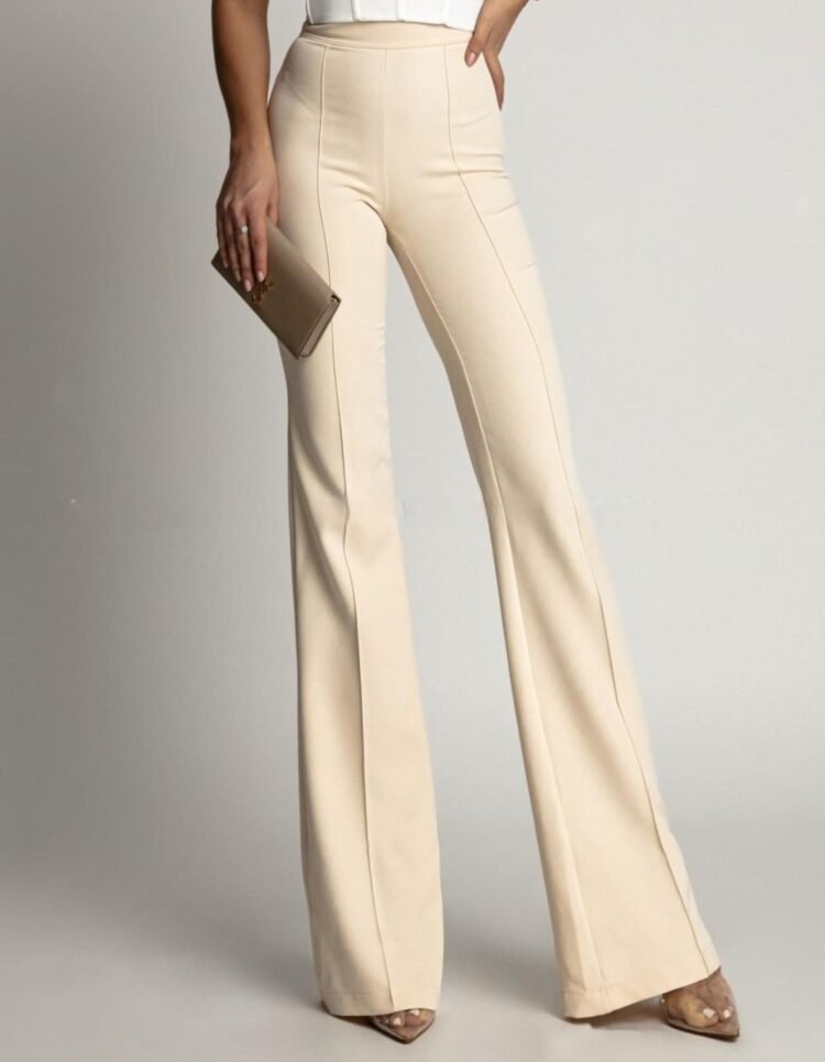 High Waisted Flare Trousers Beige - Image 2