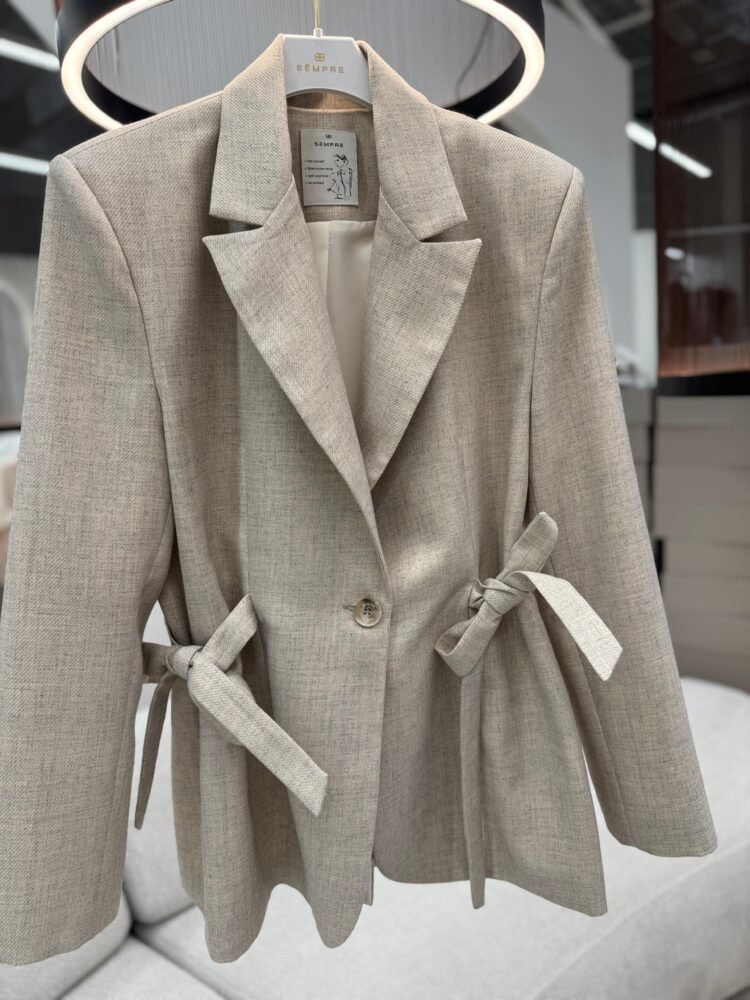 Sempre Light Beige Tie Waist Blazer - Image 3