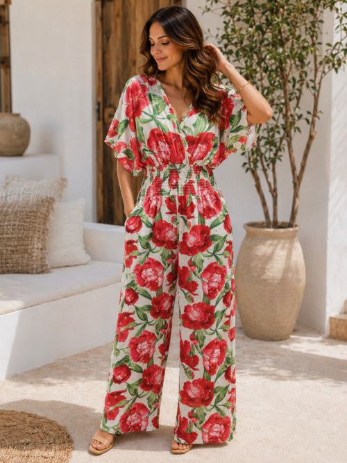 Elegant Floral Jumpsuit Red