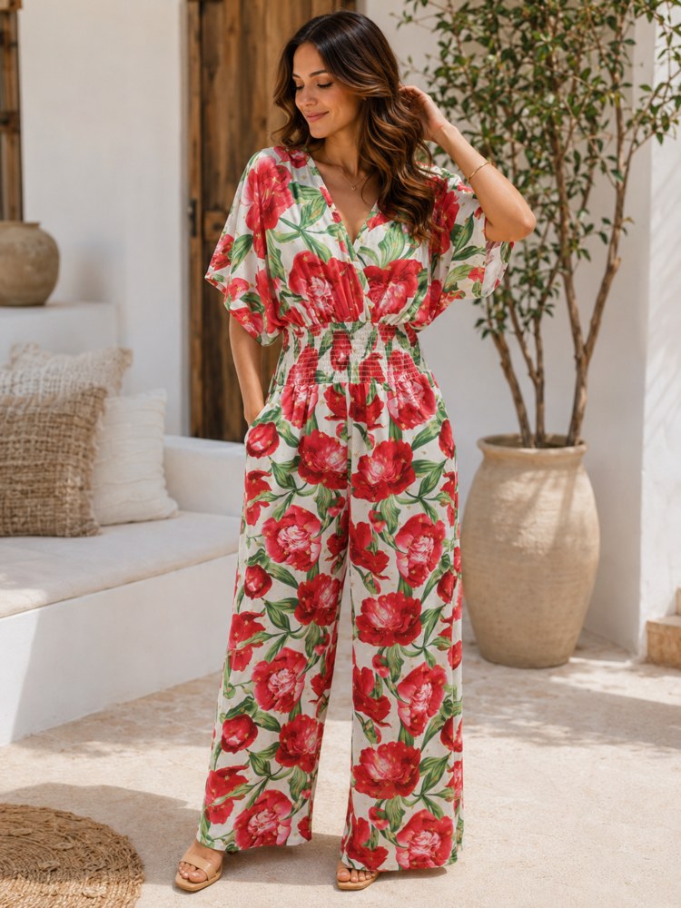 Elegant Floral Jumpsuit Red