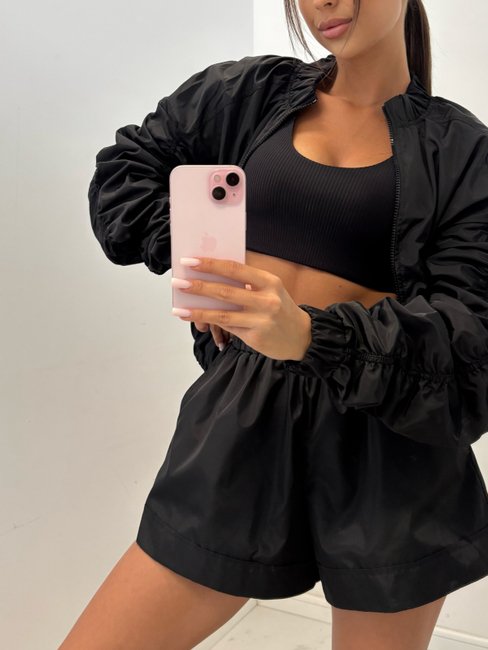 Ruched Tracksuit Set with Shorts - Black