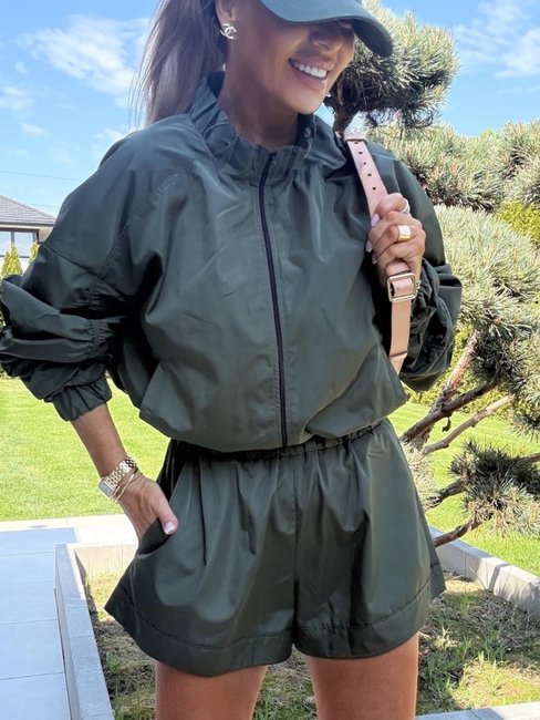 Ruched Tracksuit Set with Shorts - Khaki