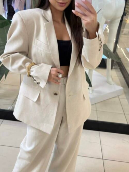 Linen Blend Suit Set Beige