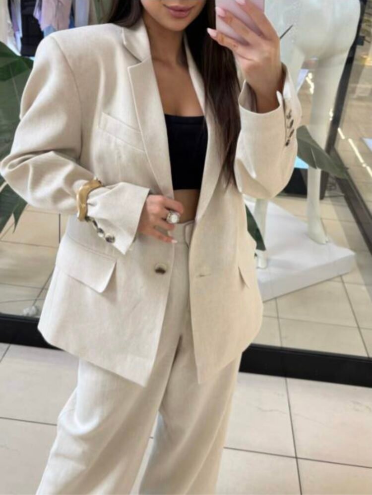 Linen Blend Suit Set Beige