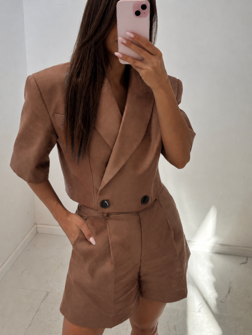Elbow-Length Sleeves linen blazer Brown