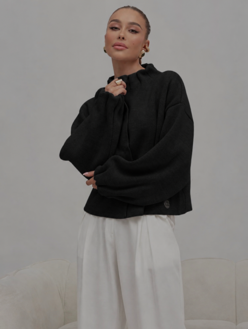 Elegant Gathered Cardigan Black