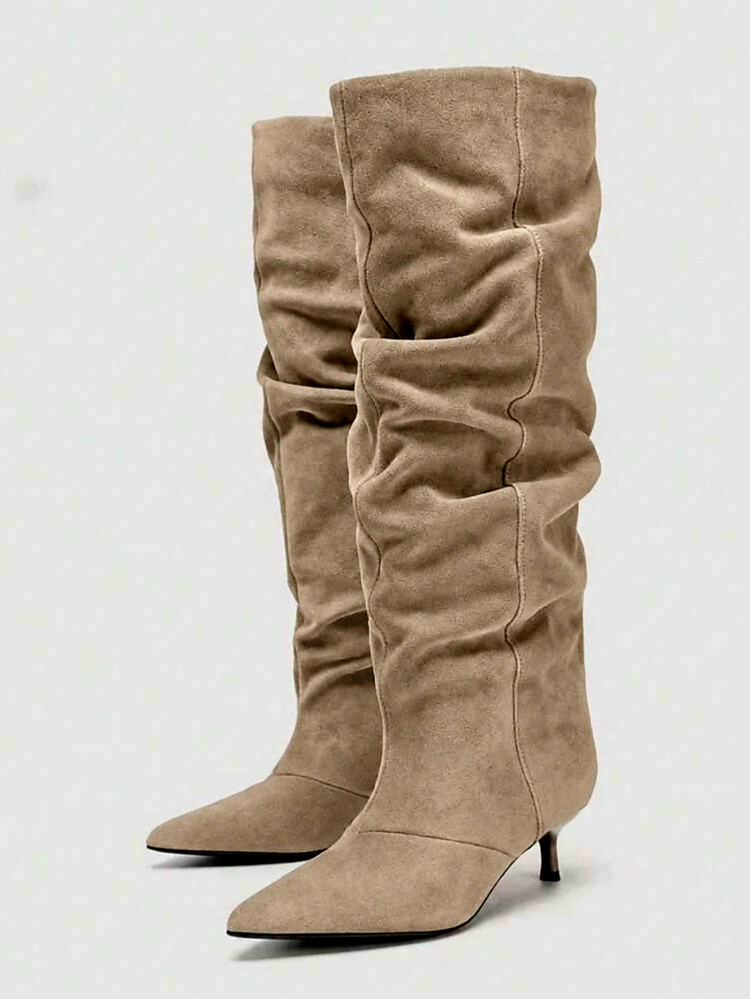 Slouchy Knee-High Boots Suede Beige - Image 3