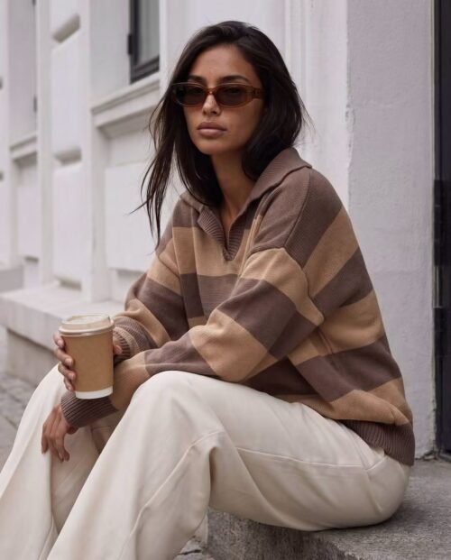 Polo Style Striped Knit Sweater Fango