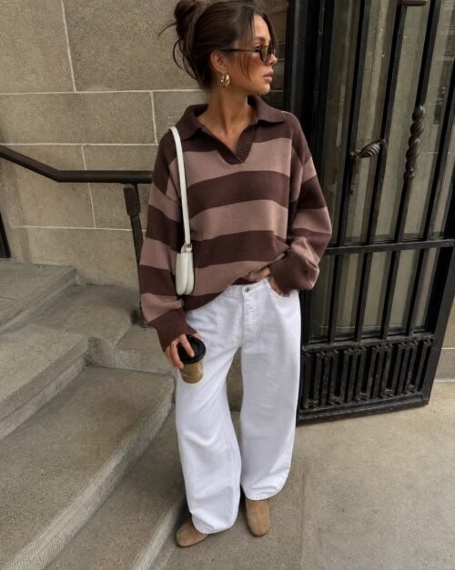 Polo Style Striped Knit Sweater Chocolate