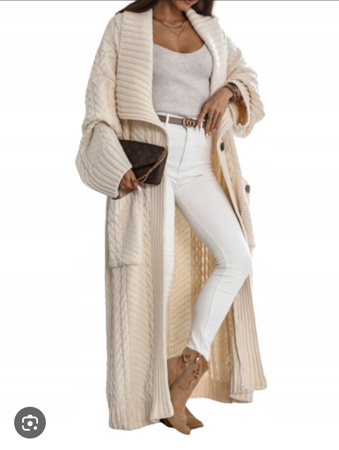 Cocomore Long Cable Knit Cardigan with Statement Shawl Collar Beige - Image 6