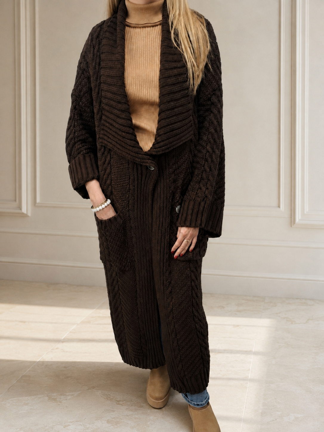 Cocomore Long Cable Knit Cardigan with Statement Shawl Collar Beige - Image 4