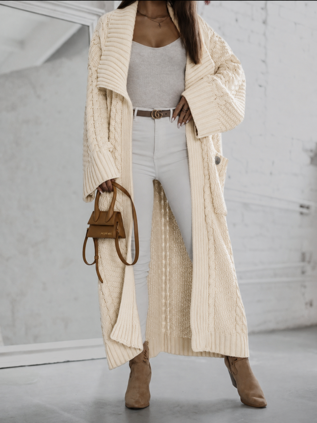 Cocomore Long Cable Knit Cardigan with Statement Shawl Collar Beige - Image 2