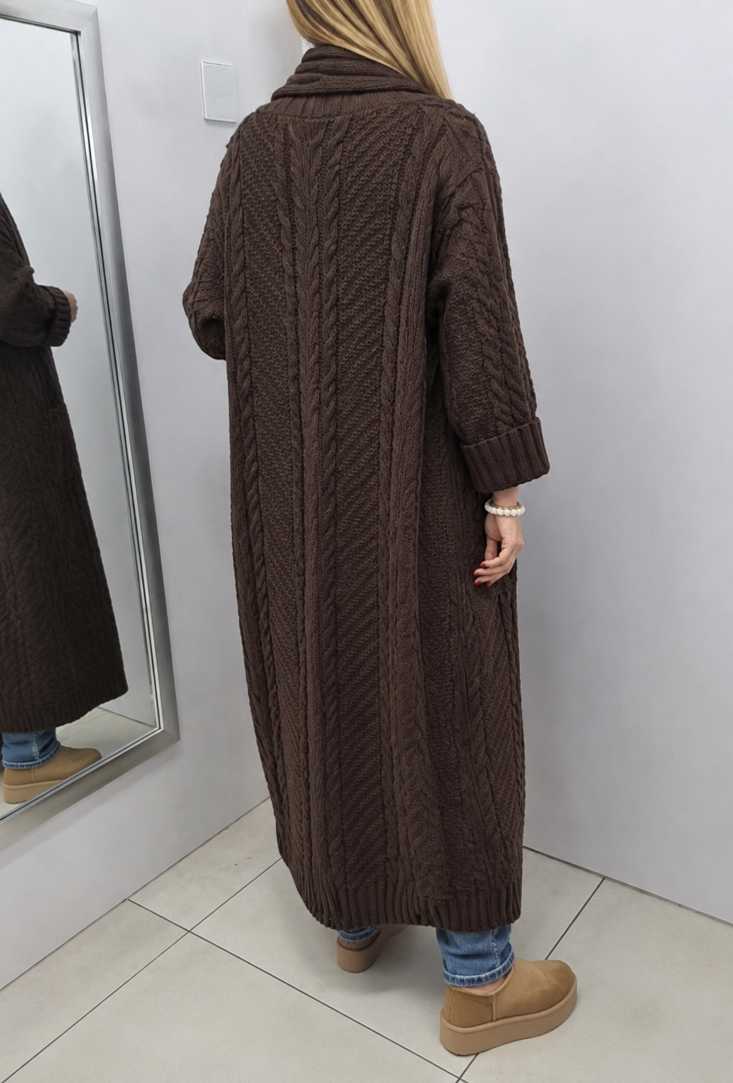 Cocomore Long Cable Knit Cardigan with Statement Shawl Collar Beige - Image 3