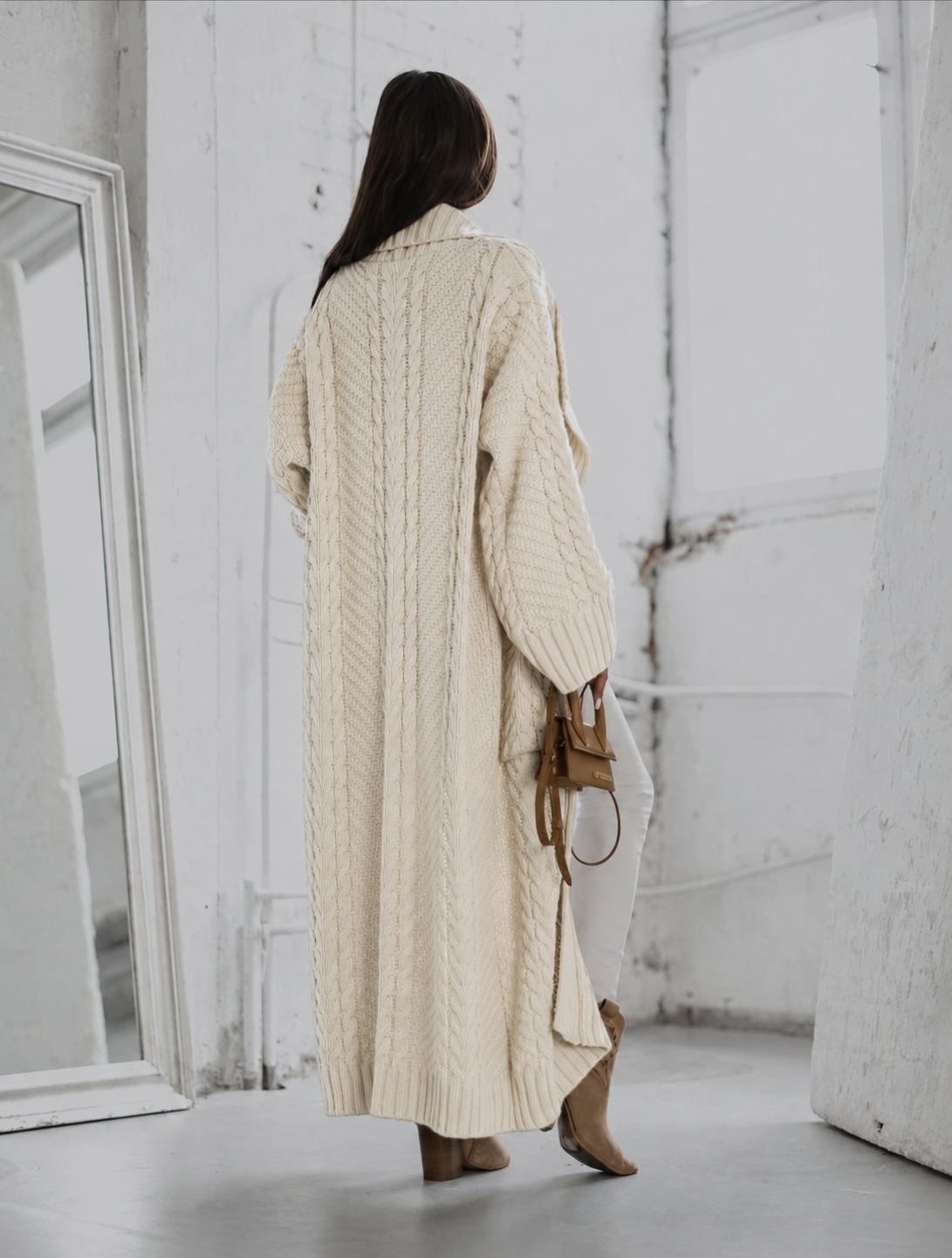 Cocomore Long Cable Knit Cardigan with Statement Shawl Collar Beige - Image 5