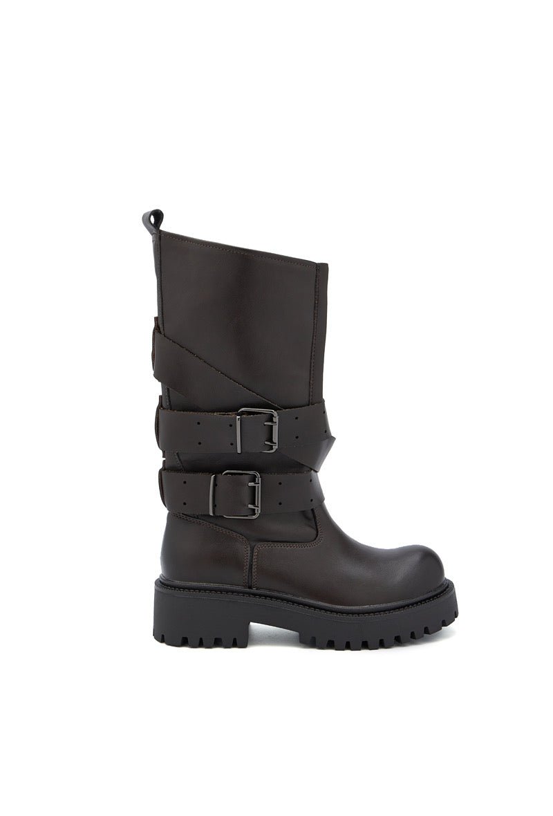 Faux Leather Buckle Biker Boots Black - Image 2