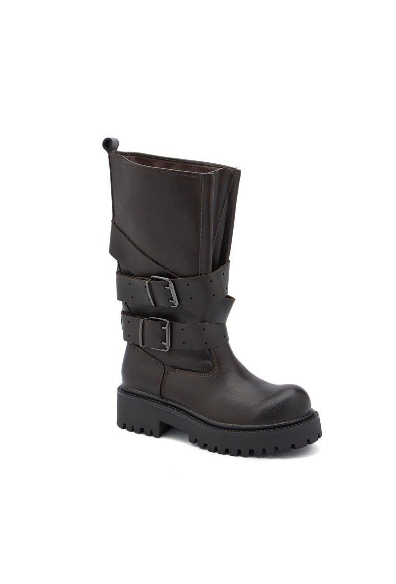 Faux Leather Buckle Biker Boots Black - Image 6